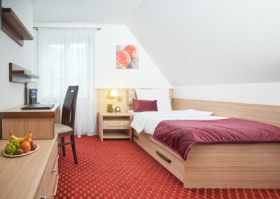 Einzelzimmer mit Bett, Schreibtisch, Stuhl und Obstteller unter einer Dachschräge | Apart Business Hotel