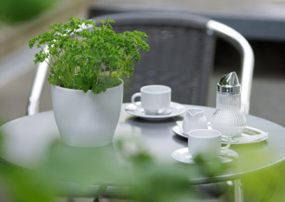 Gartentisch mit Kaffeetassen, Milchkännchen, Zuckerstreuer und Petersilie im Topf | Apart Business Hotel